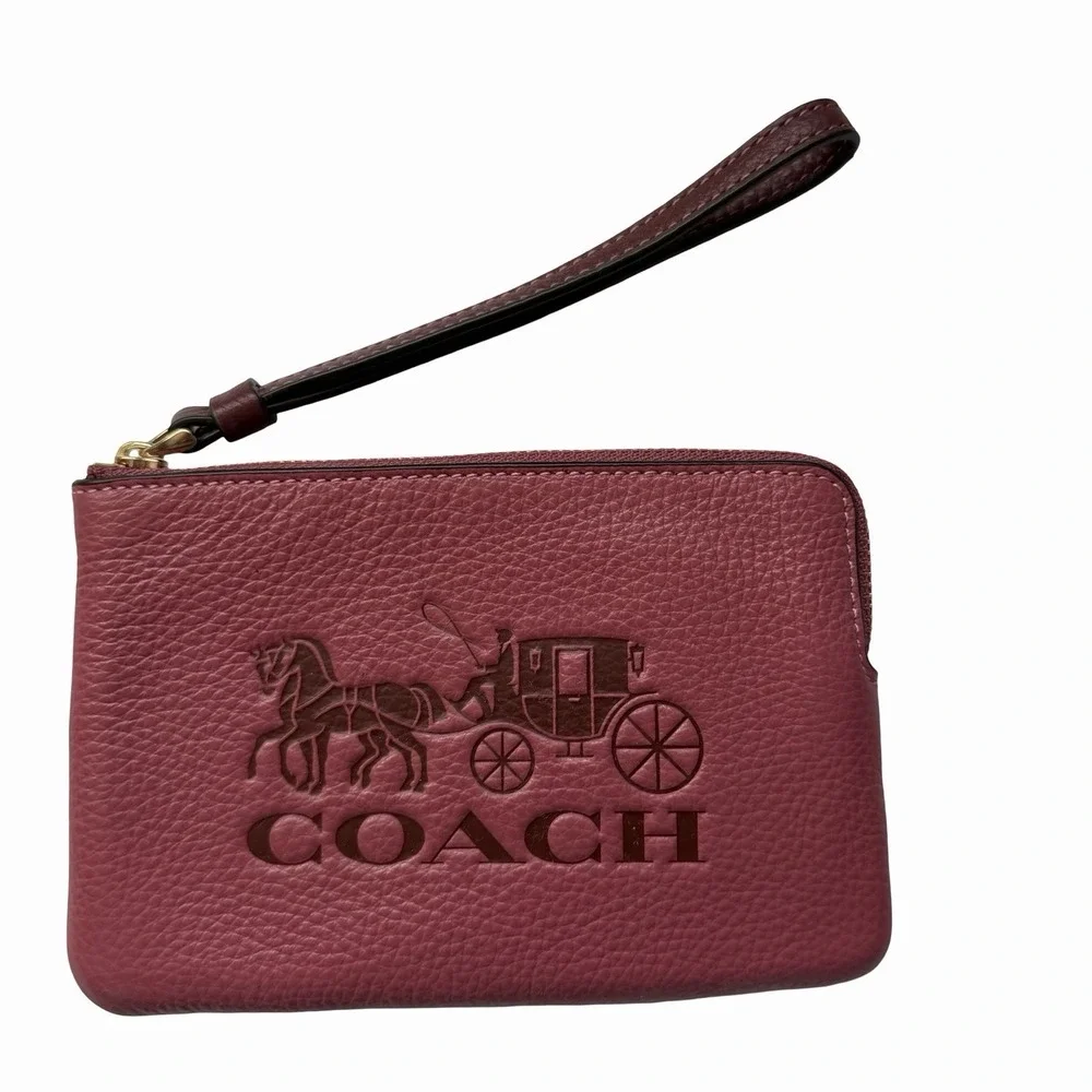 Coach Corner Zip Leather Wristlet With Horse And Carriage in Strawberry Haze